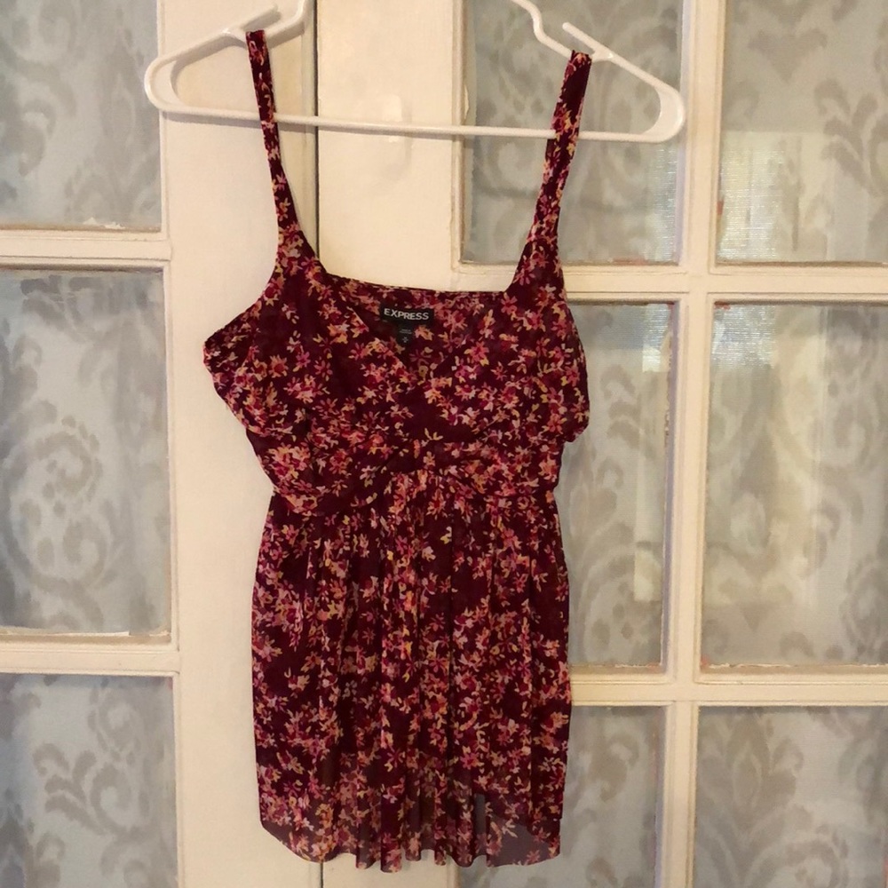 Maroon and floral spaghetti strap top.